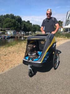 Man walking a dog in a large dog stroller